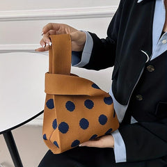 Colorblock Knit Tote Bag Round Dot Graphic Crochet Bag