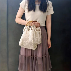 Lace Flower Pattern Satchel Bag with Wooden Straps