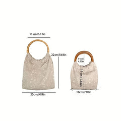 Lace Flower Pattern Satchel Bag with Wooden Straps