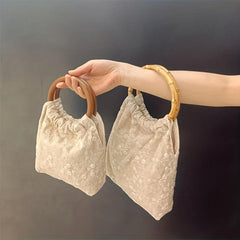 Lace Flower Pattern Satchel Bag with Wooden Straps