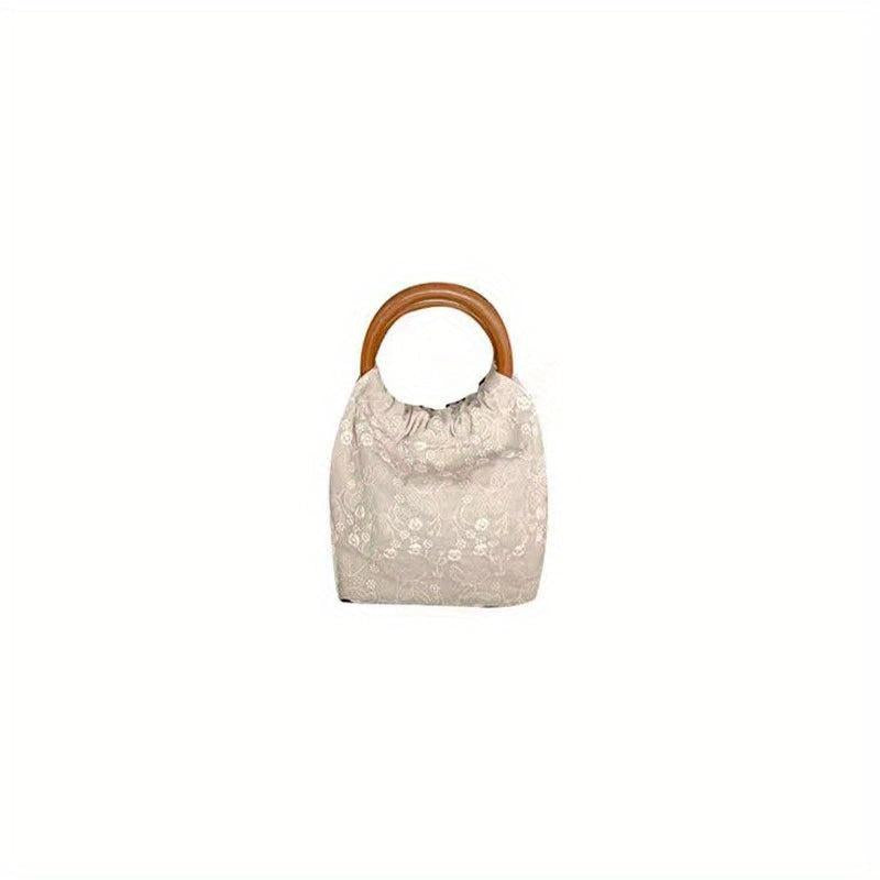 Lace Flower Pattern Satchel Bag with Wooden Straps
