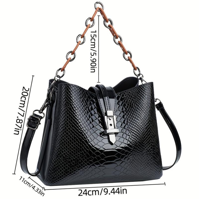 Crocodile Embossed Bucket Bag Chain Handbags Bright Crossbody Bag