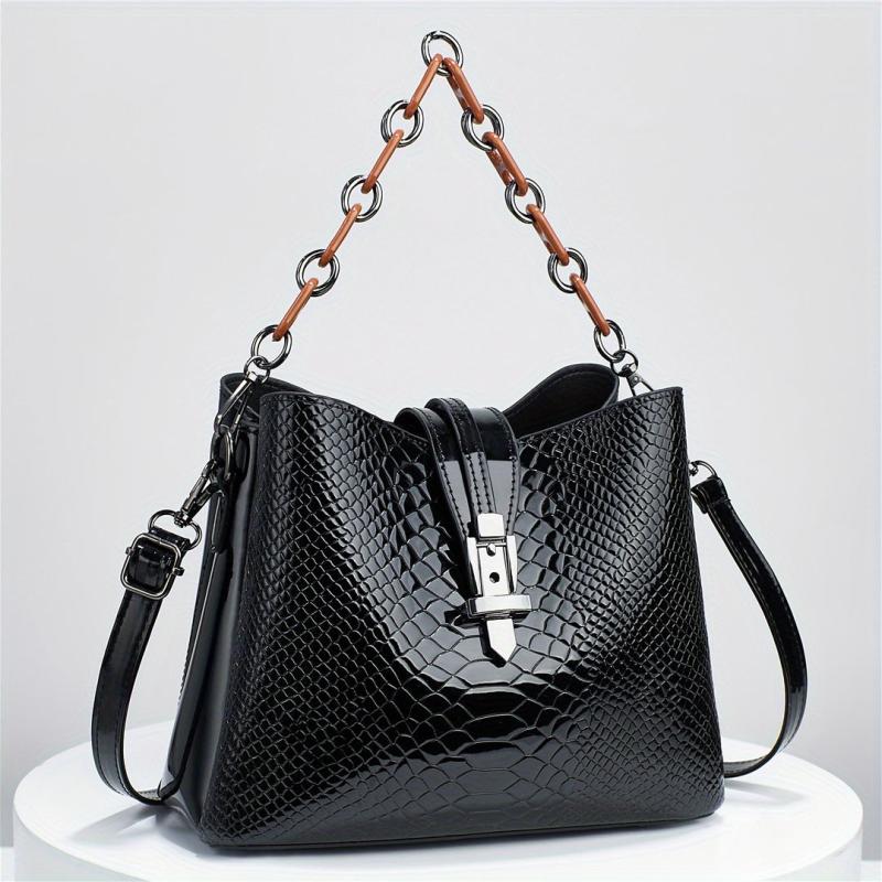 Crocodile Embossed Bucket Bag Chain Handbags Bright Crossbody Bag