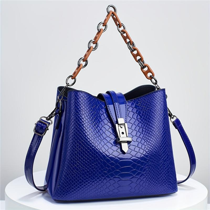 Crocodile Embossed Bucket Bag Chain Handbags Bright Crossbody Bag