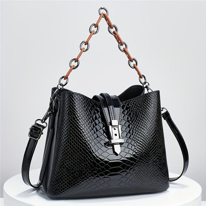 Crocodile Embossed Bucket Bag Chain Handbags Bright Crossbody Bag