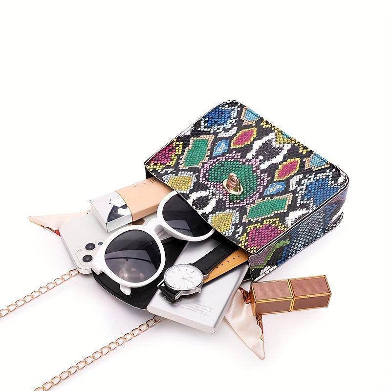 Snake Pattern Crossbody Bag With Silk Scarf Handbag Women's Crossbody Bag