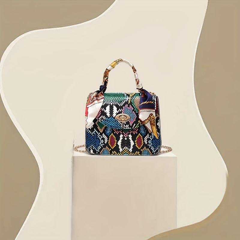 Snake Pattern Crossbody Bag With Silk Scarf Handbag Women's Crossbody Bag