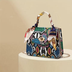 Snake Pattern Crossbody Bag With Silk Scarf Handbag Women's Crossbody Bag