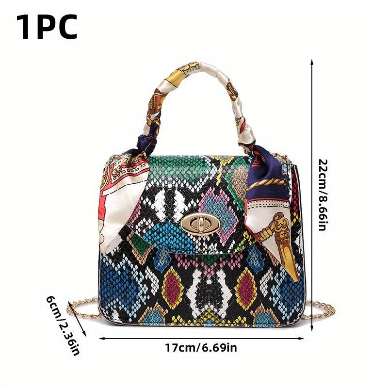Snake Pattern Crossbody Bag With Silk Scarf Handbag Women's Crossbody Bag
