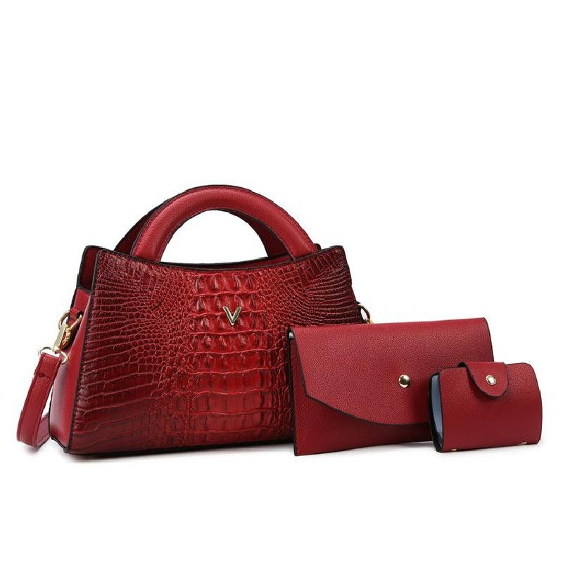 3pc Versatile PU Leather Bag Set Crocodile Embossed Stylish Portable Handle