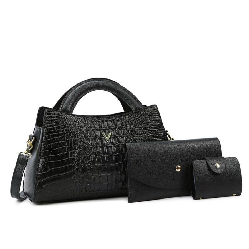 3pc Versatile PU Leather Bag Set Crocodile Embossed Stylish Portable Handle