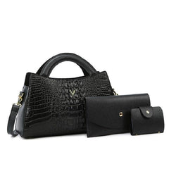 3pc Versatile PU Leather Bag Set Crocodile Embossed Stylish Portable Handle