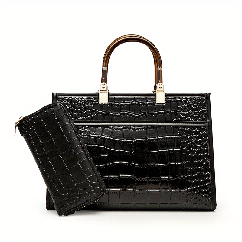 Crocodile Pattern Tote Bag Top Handle Satchel Purse Lady Handbag