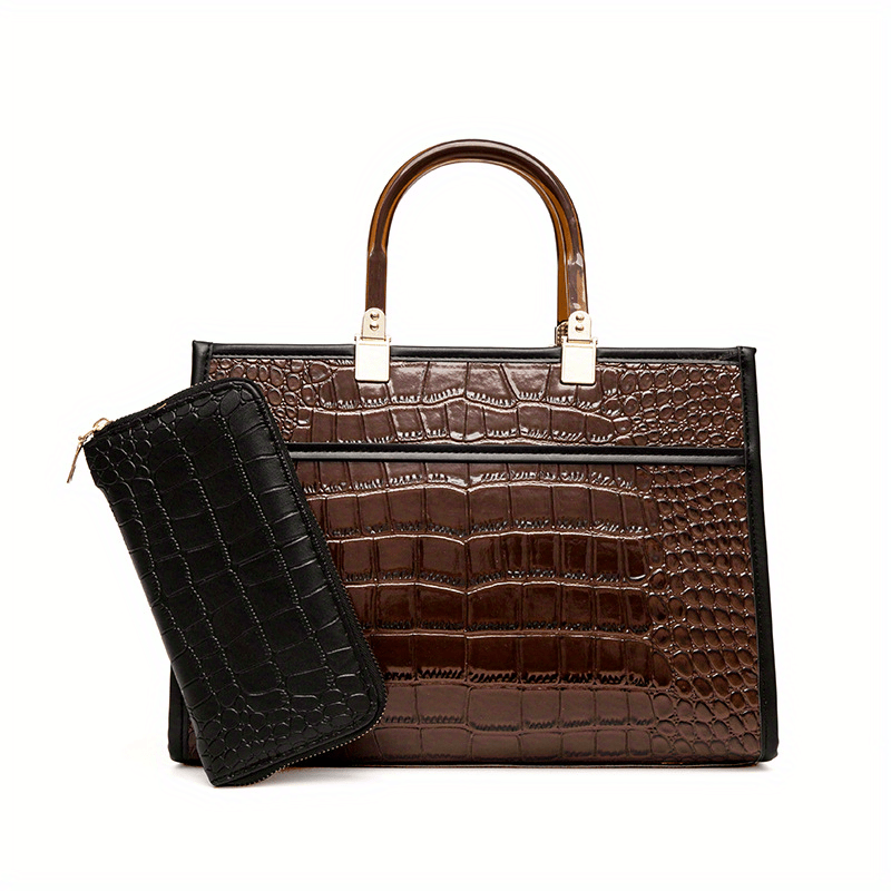 Crocodile Pattern Tote Bag Top Handle Satchel Purse Lady Handbag