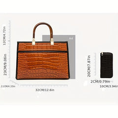 Crocodile Pattern Tote Bag Top Handle Satchel Purse Lady Handbag