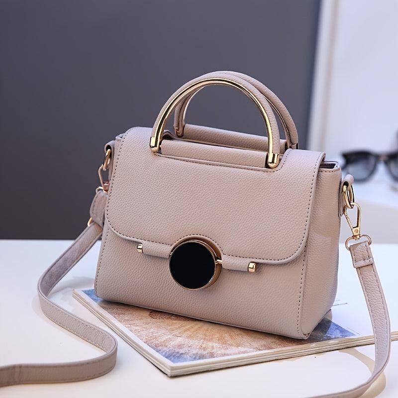 Round Buckle Decor Handbag Solid Shoulder Bag Flap Purse For Women