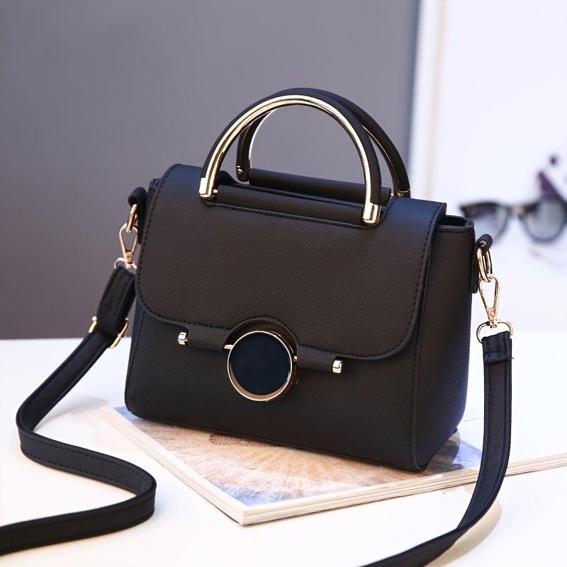 Round Buckle Decor Handbag Solid Shoulder Bag Flap Purse For Women