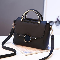 Round Buckle Decor Handbag Solid Shoulder Bag Flap Purse For Women