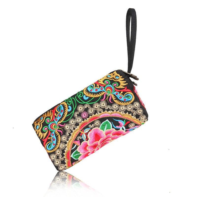Embroidered Small Zipper Bag Women's Small Clutch Bag With Wristlet