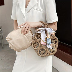 Straw Woven Round Handbag Beach Scarf Decor Bag Rattan Bohemian Wrist Bag