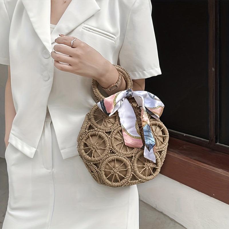 Straw Woven Round Handbag Beach Scarf Decor Bag Rattan Bohemian Wrist Bag