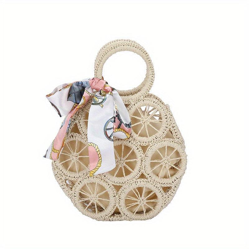 Straw Woven Round Handbag Beach Scarf Decor Bag Rattan Bohemian Wrist Bag