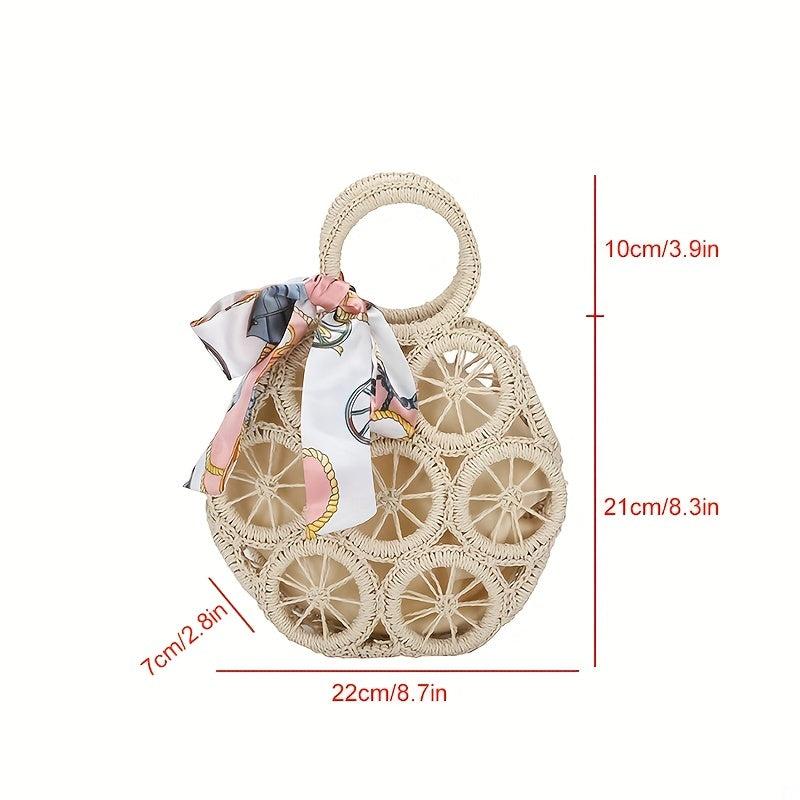 Straw Woven Round Handbag Beach Scarf Decor Bag Rattan Bohemian Wrist Bag