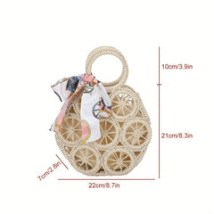 Straw Woven Round Handbag Beach Scarf Decor Bag Rattan Bohemian Wrist Bag