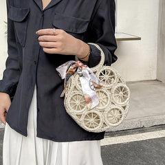 Straw Woven Round Handbag Beach Scarf Decor Bag Rattan Bohemian Wrist Bag