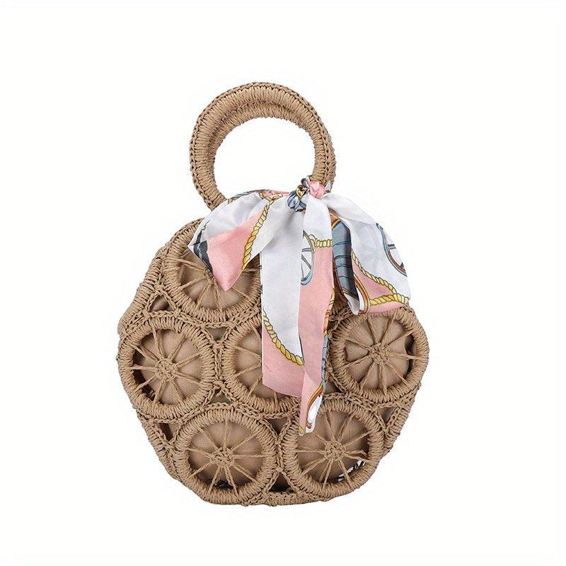 Straw Woven Round Handbag Beach Scarf Decor Bag Rattan Bohemian Wrist Bag