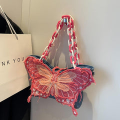 Butterfly Patch Denim Tote Bag Y2K Chain Backpack For Women