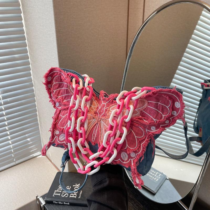 Butterfly Patch Denim Tote Bag Y2K Chain Backpack For Women