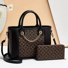 Printed Chain Decor Shoulder Bag With Purse, Durable Waterproof Tote Handbag