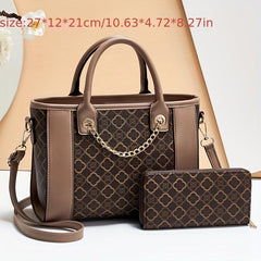 Printed Chain Decor Shoulder Bag With Purse, Durable Waterproof Tote Handbag