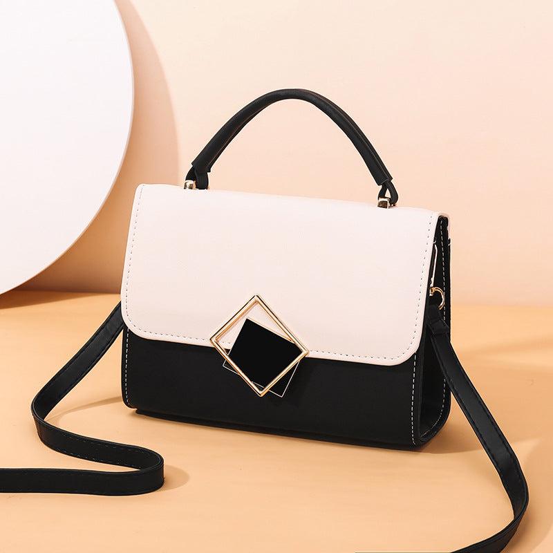 Two Tone Block Top Handle Handbag with Metal Decor Shoulder Bag