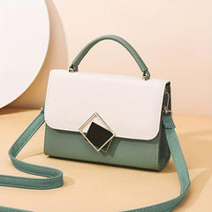 Two Tone Block Top Handle Handbag with Metal Decor Shoulder Bag