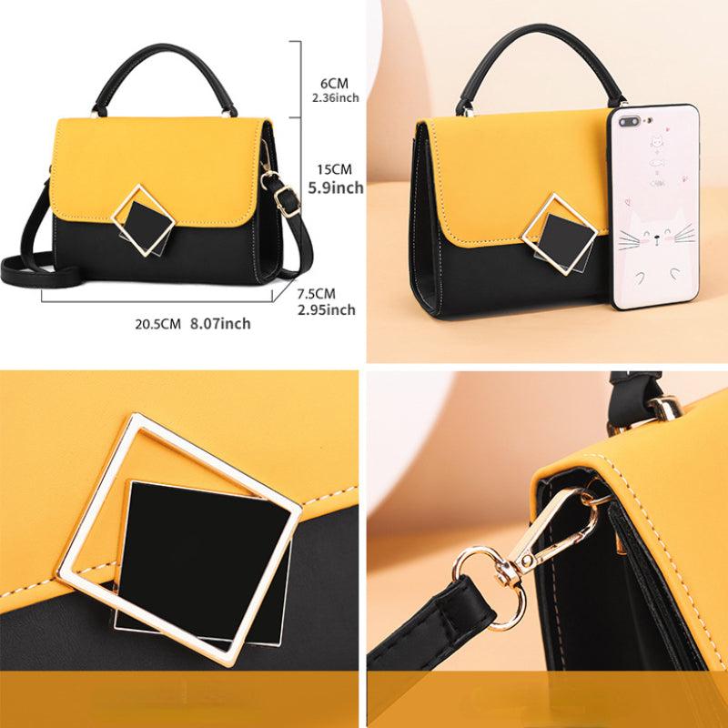 Two Tone Block Top Handle Handbag with Metal Decor Shoulder Bag