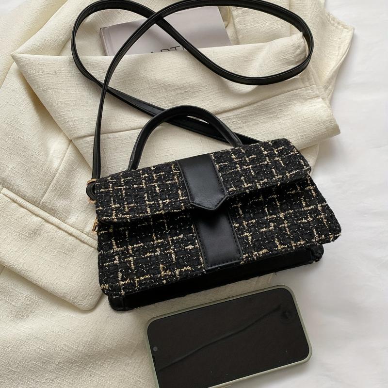 Plaid Pattern Braided Tote Bag Classic PU Leather Top Handle Shoulder Bag