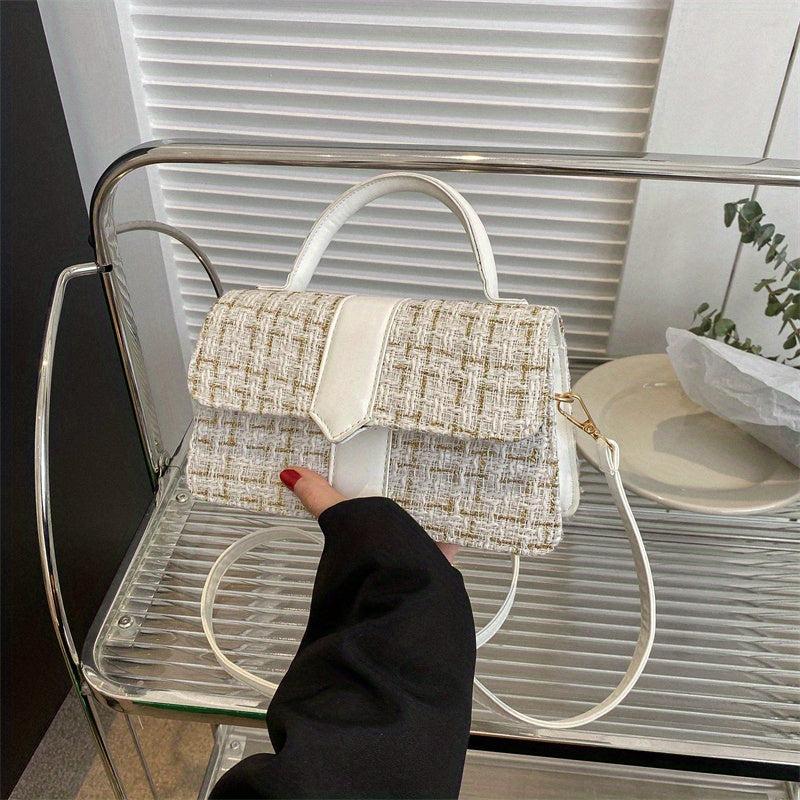 Plaid Pattern Braided Tote Bag Classic PU Leather Top Handle Shoulder Bag