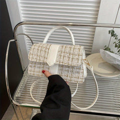 Plaid Pattern Braided Tote Bag Classic PU Leather Top Handle Shoulder Bag