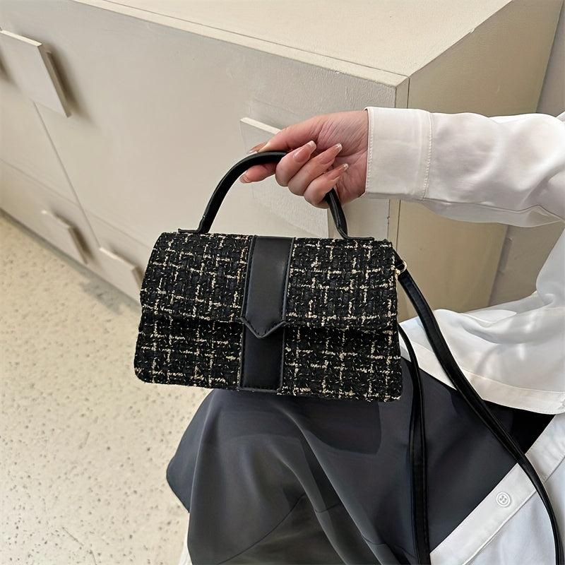 Plaid Pattern Braided Tote Bag Classic PU Leather Top Handle Shoulder Bag