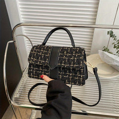 Plaid Pattern Braided Tote Bag Classic PU Leather Top Handle Shoulder Bag