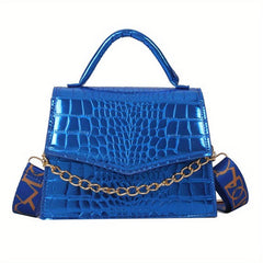 Crocodile Pattern Crossbody Bag Wide Strap Square Purse