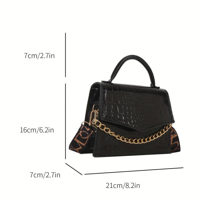 Crocodile Pattern Crossbody Bag Wide Strap Square Purse
