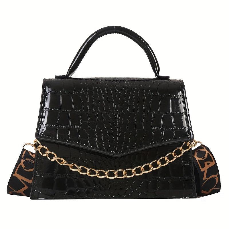 Crocodile Pattern Crossbody Bag Wide Strap Square Purse
