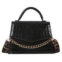 Crocodile Pattern Crossbody Bag Wide Strap Square Purse