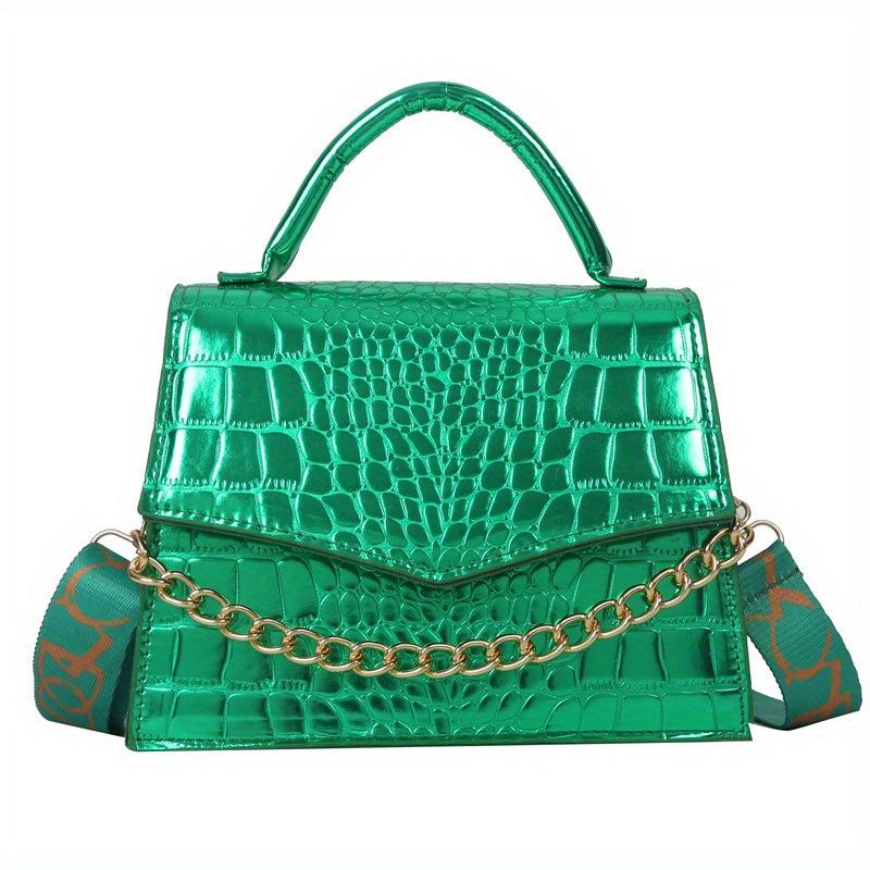 Crocodile Pattern Crossbody Bag Wide Strap Square Purse
