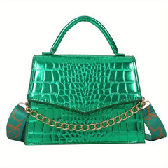 Crocodile Pattern Crossbody Bag Wide Strap Square Purse