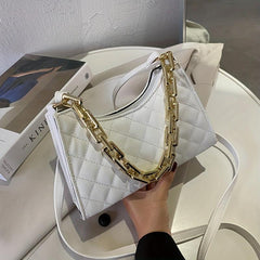Quilted Zipper Shoulder Bag Chian Decor PU Leather Waterproof Crossbody Bag