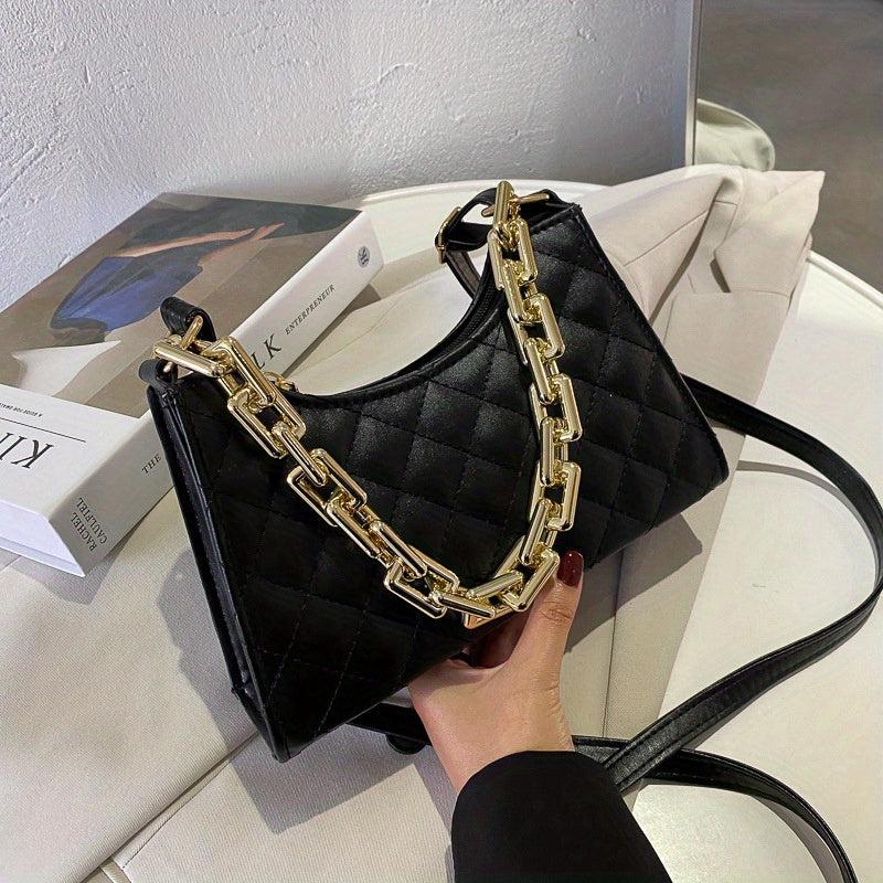 Quilted Zipper Shoulder Bag Chian Decor PU Leather Waterproof Crossbody Bag